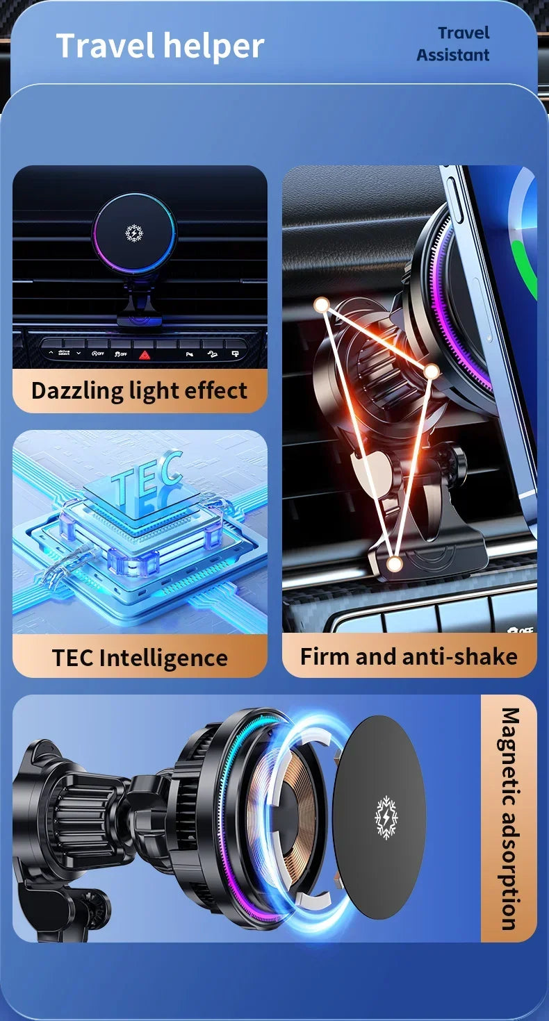 Chargeur Voiture Ultra Complet : Support 360°, Refroidissement, LED RGB, Charge Sans Fil Rapide