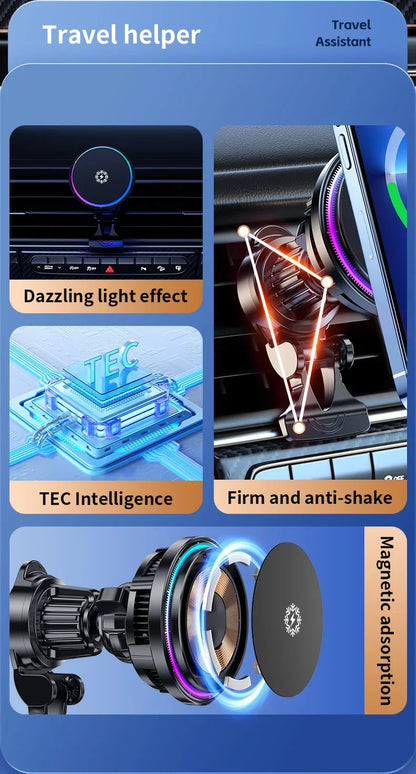 Chargeur Voiture Ultra Complet : Support 360°, Refroidissement, LED RGB, Charge Sans Fil Rapide