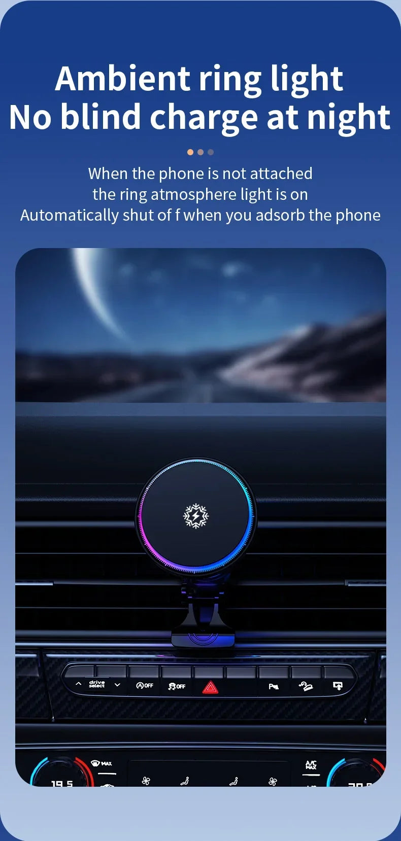 Chargeur Voiture Ultra Complet : Support 360°, Refroidissement, LED RGB, Charge Sans Fil Rapide